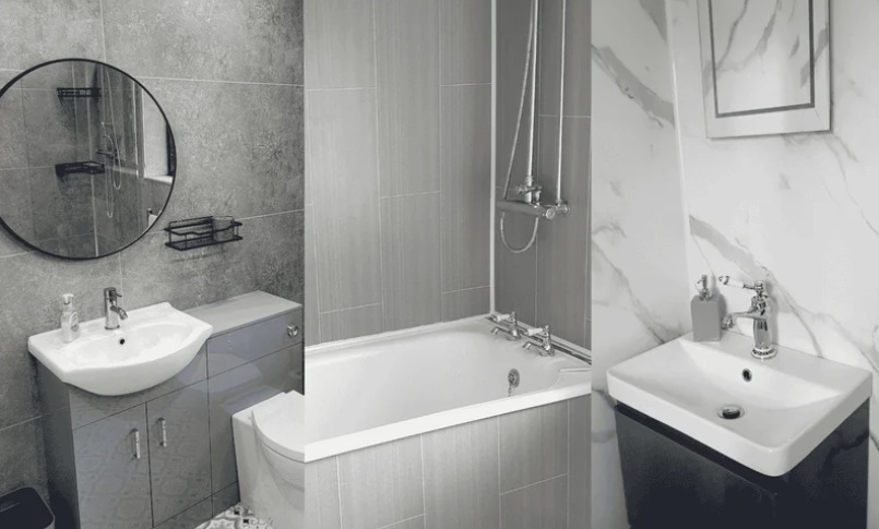 bathroom decorated with WPC wall panels