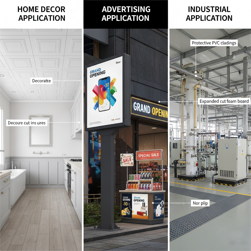 PVC board application scenarios are displayed, including home cabinets, billboards and industrial partitions