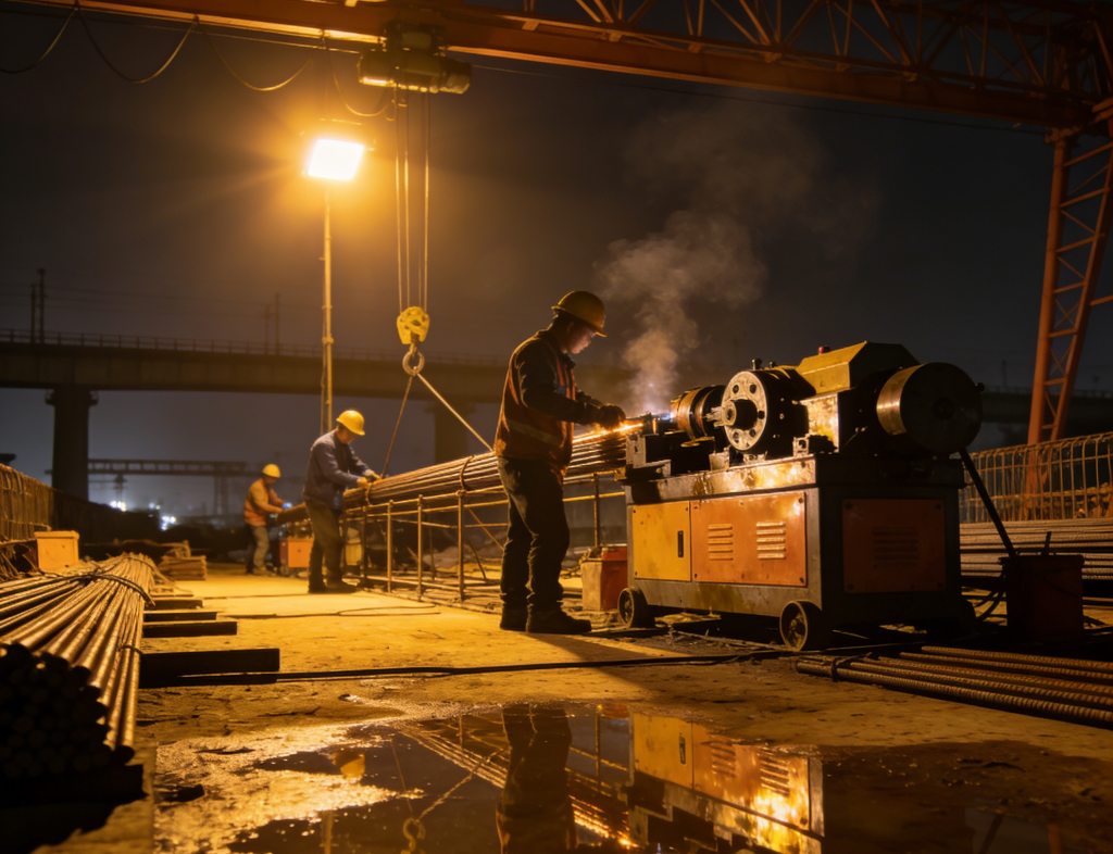Construction site of mechanical connection of steel bars in bridge engineering