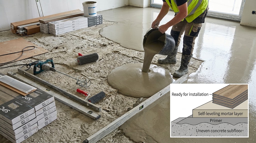 Applying self-leveling compound on uneven concrete floor for SPC vinyl