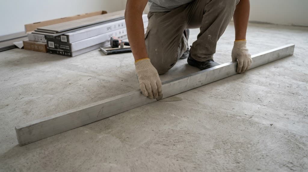 Checking concrete floor flatness with straight edge before SPC installation