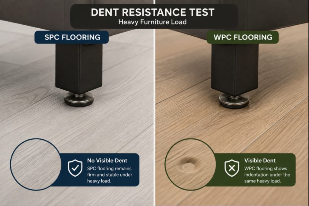 Dent resistance test showing SPC flooring vs WPC flooring