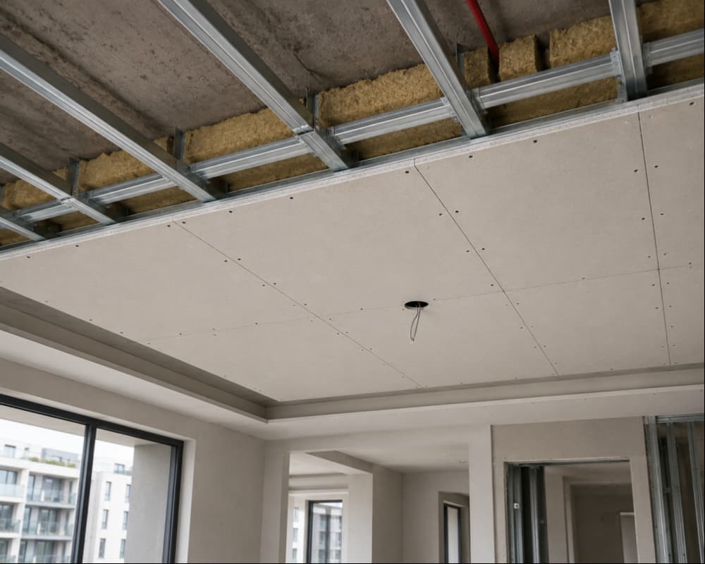 Fire-rated MgO board ceiling system in multi-family residential building