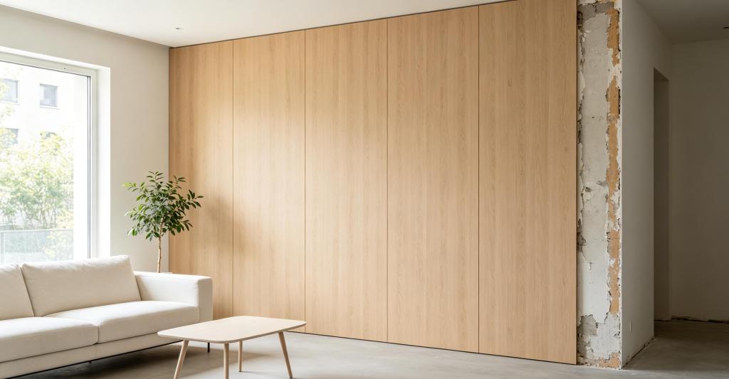 WPC wall panels are installed directly on existing plasterboard walls in modern interior design