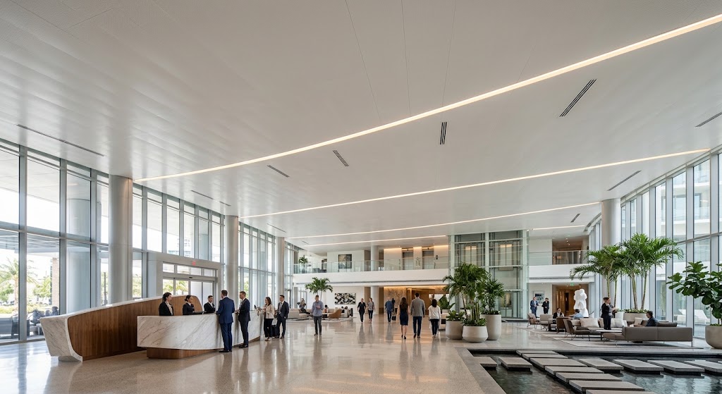 Aluminum honeycomb ceiling panels in modern commercial interior