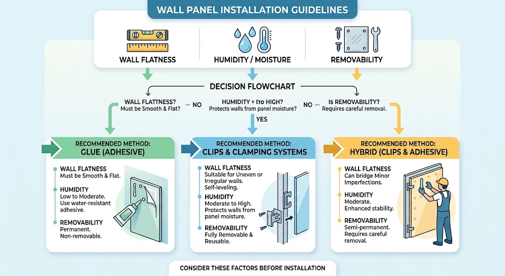 Decision guide for glue vs clips wall panel installation based on panel type and wall condition