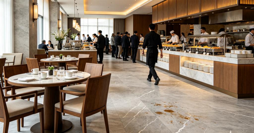 Hotel restaurant with stone-look SPC flooring for spill-prone areas