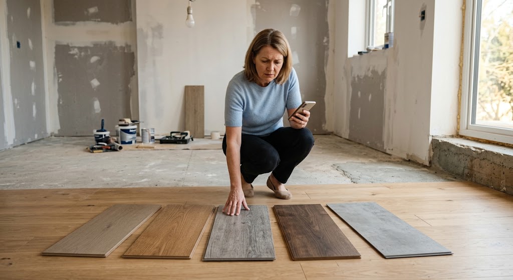 confused homeowner choosing between SPC and laminate flooring samples